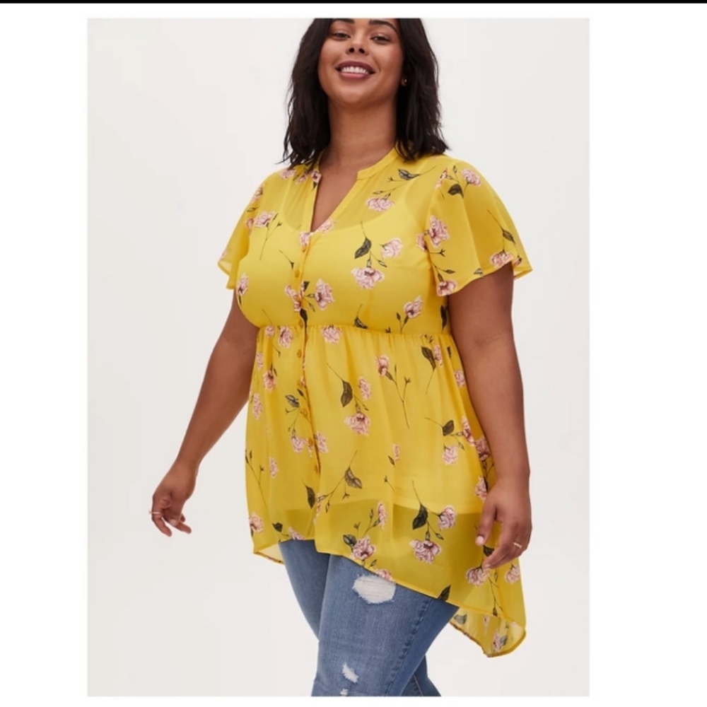 Torrid Yellow Floral Button Chiffon Babydoll High Low Tunic Top 0X